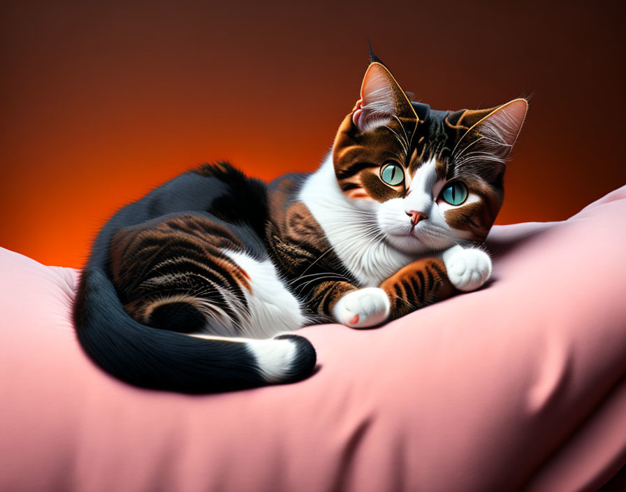 Tabby cat with green eyes on pink cushion against orange backdrop