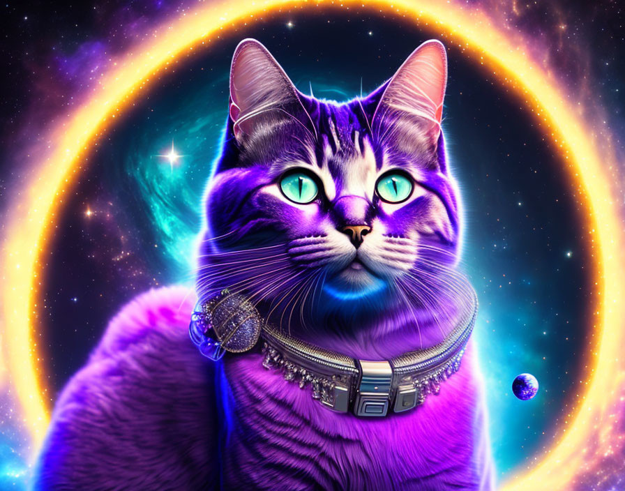 Colorful Cosmic Cat with Futuristic Glasses in Swirling Galaxy