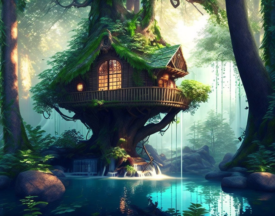 Enchanting Treehouse in Lush Forest with Glowing Windows