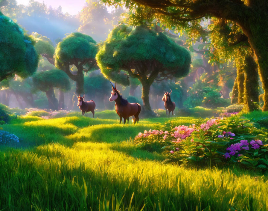 Three unicorns in vibrant forest clearing with lush green grass, flowering shrubs, and majestic trees.