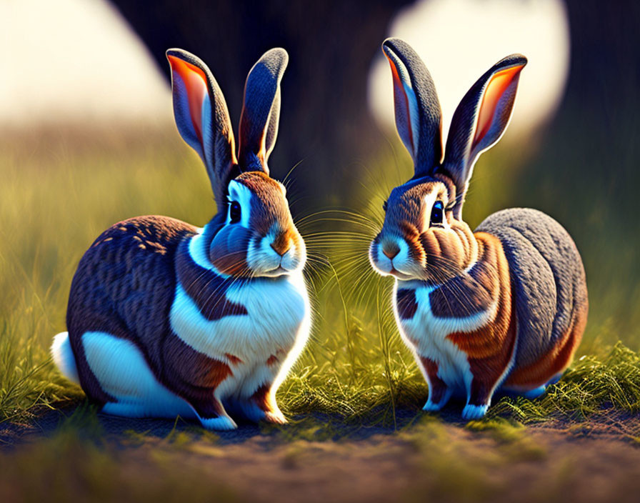 Stylized rabbits with striking fur patterns in serene setting