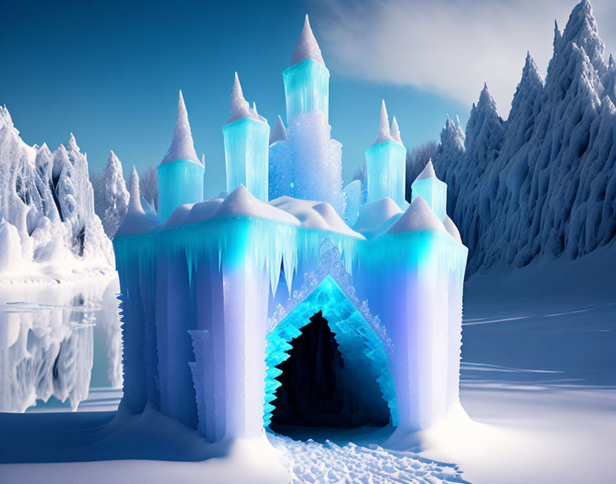 Enchanting ice castle with spires and archways in snowy landscape