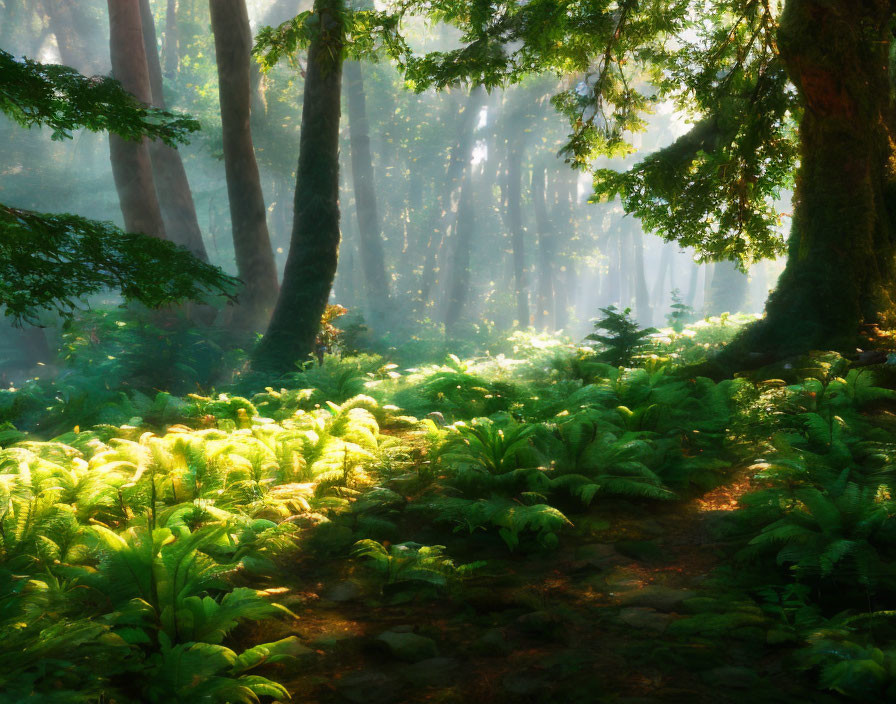 Forest undergrowth illuminated by sunlight filtering through trees