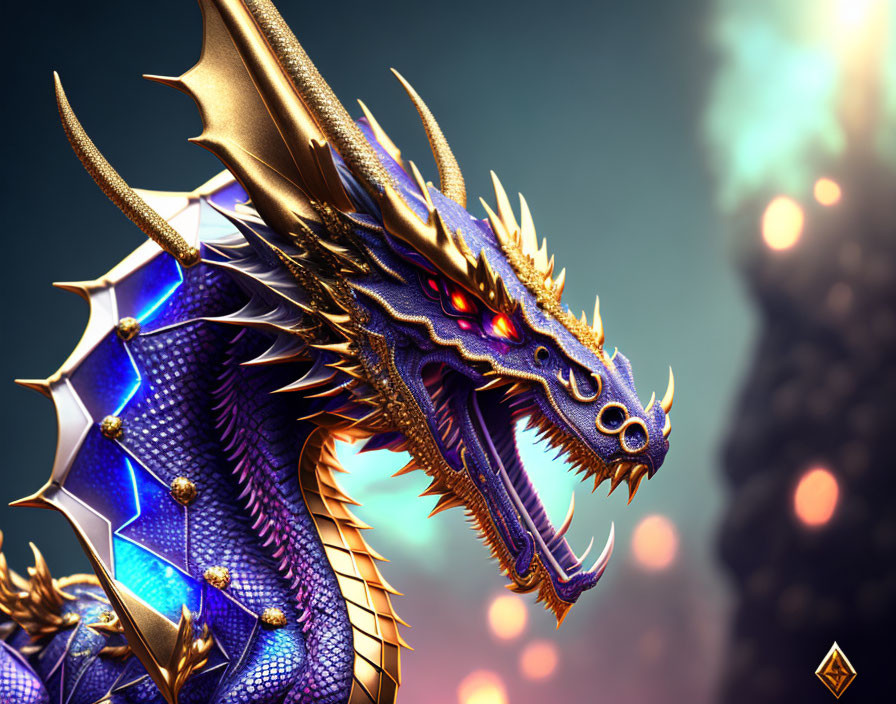 Blue and Gold Dragon with Glowing Red Eyes and Fiery Background