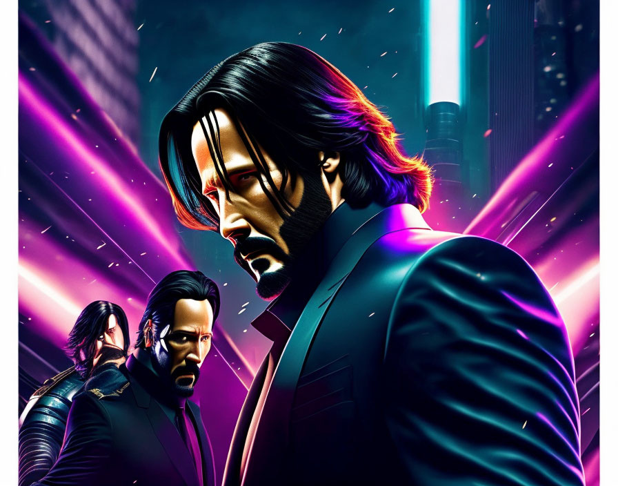 Stylized illustration of man in black suit against neon cityscape