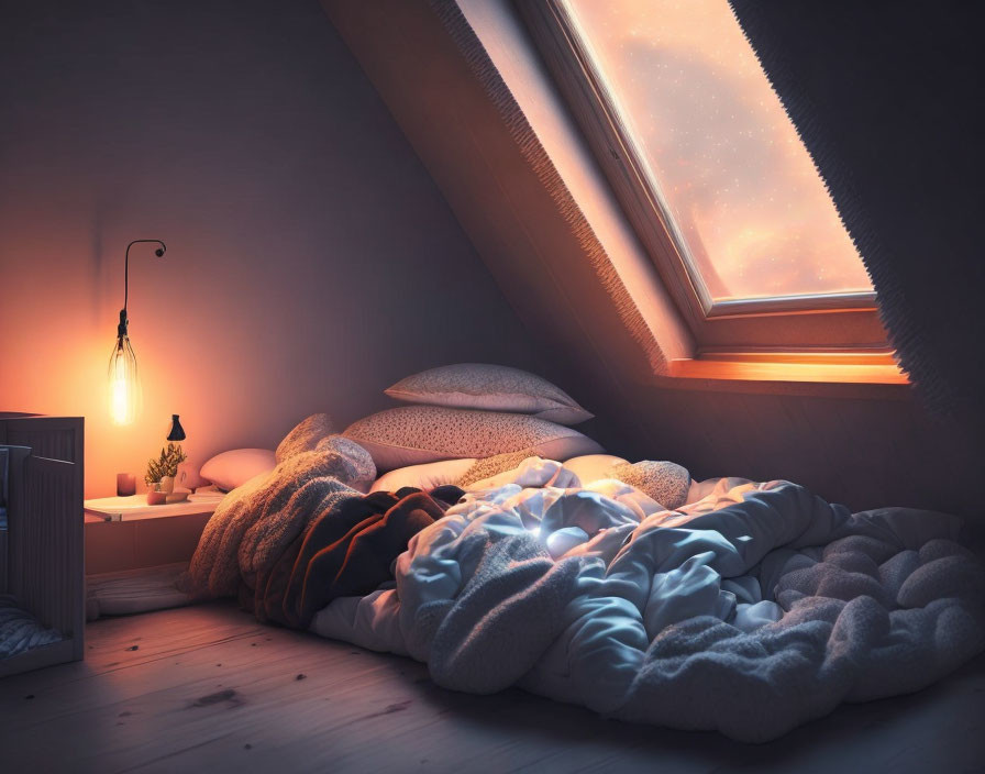 Cozy attic bedroom with starry sky view and bedside lamp