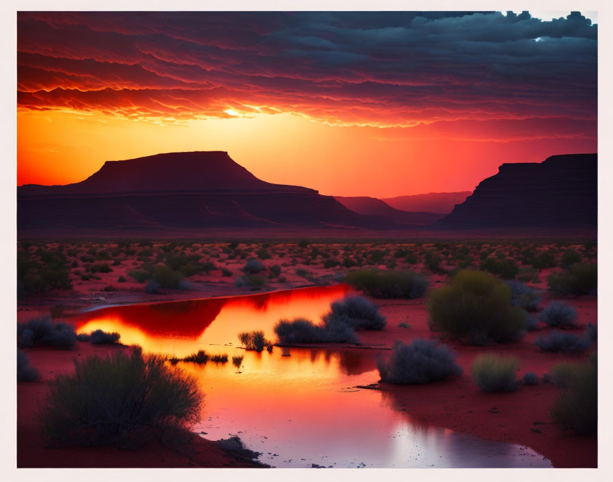 Vibrant Desert Sunset Over Water and Mesas