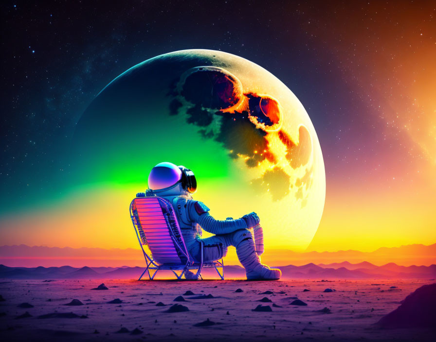 Astronaut lounges on alien desert with giant planet and moons in colorful sky