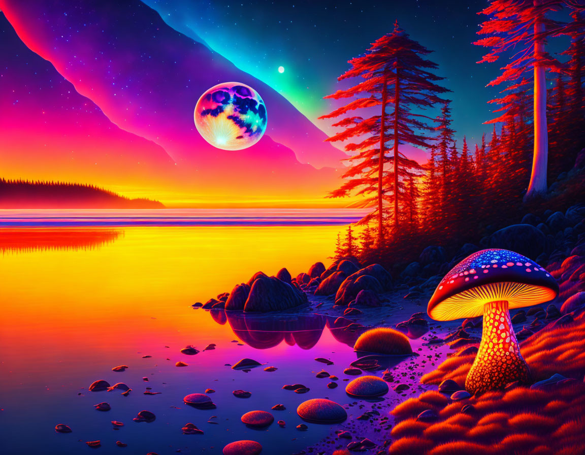 Surreal landscape with glowing mushroom, large moon, colorful sky, serene lake