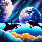 Colorful orcas leaping over cosmic ocean waves with moons and stars