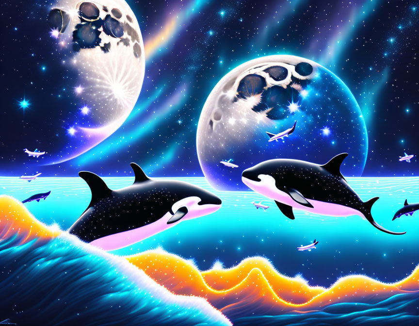 Colorful orcas leaping over cosmic ocean waves with moons and stars