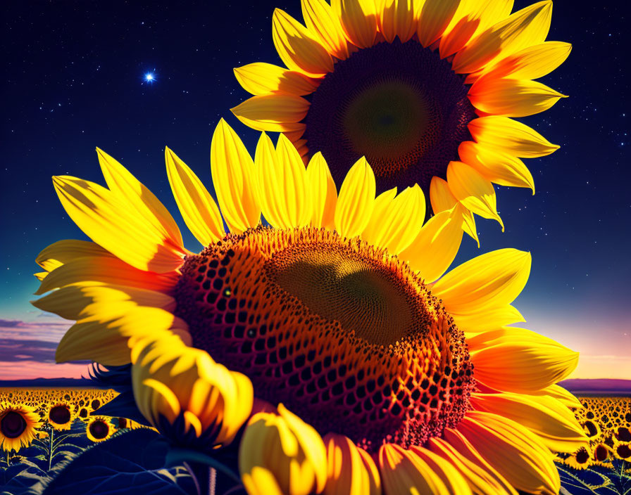 Sunflowers in Bloom Against Twilight Sky with Blue and Orange Gradient