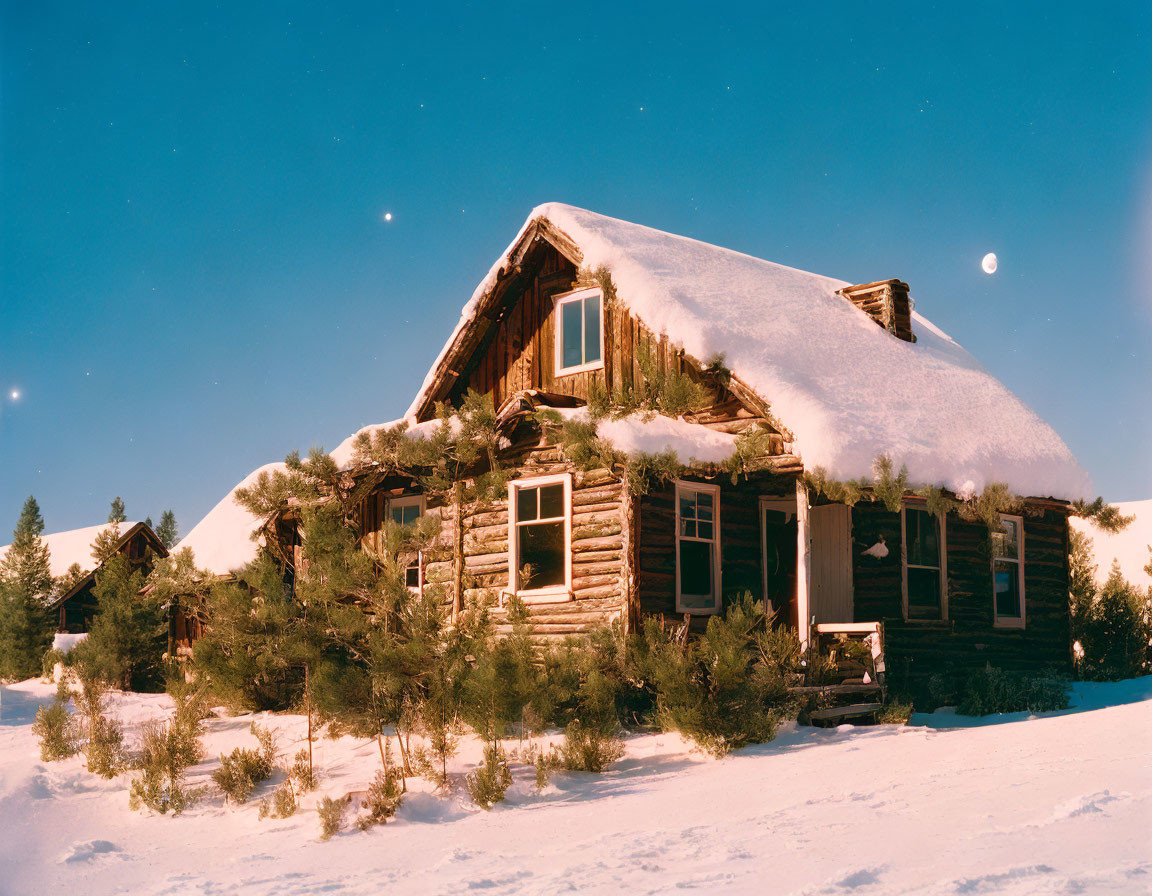 Snow-covered log cabin in pine forest under moonlit sky