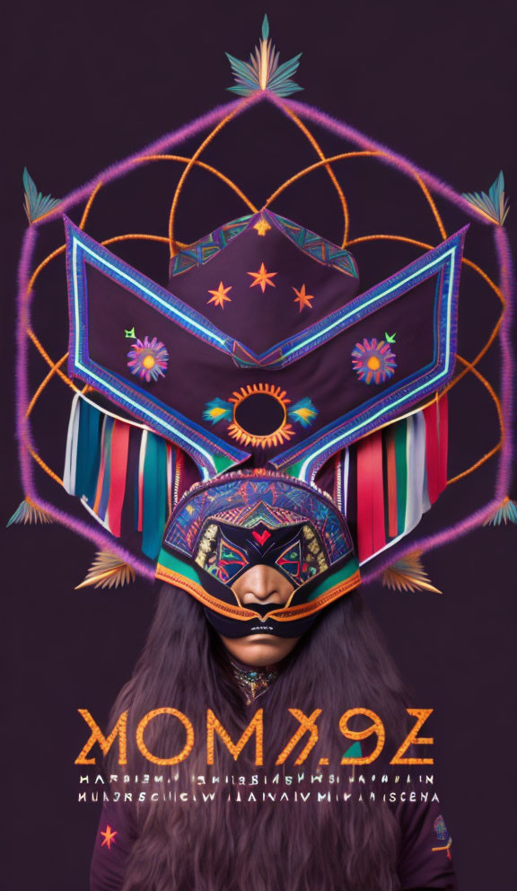 Long-haired person with colorful indigenous mask on purple backdrop