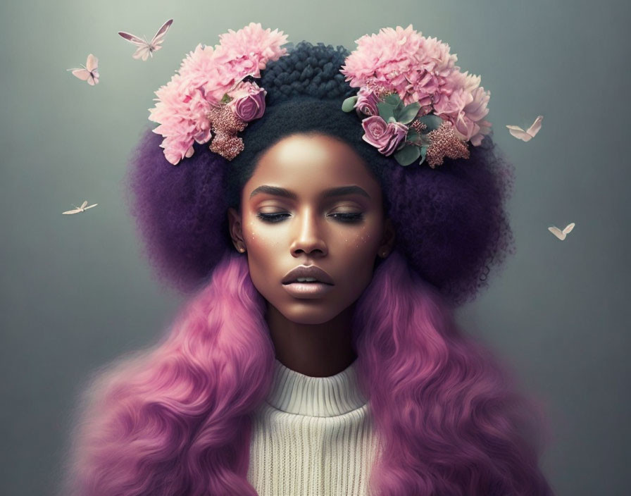 Purple-haired woman with floral afro and butterflies on serene background