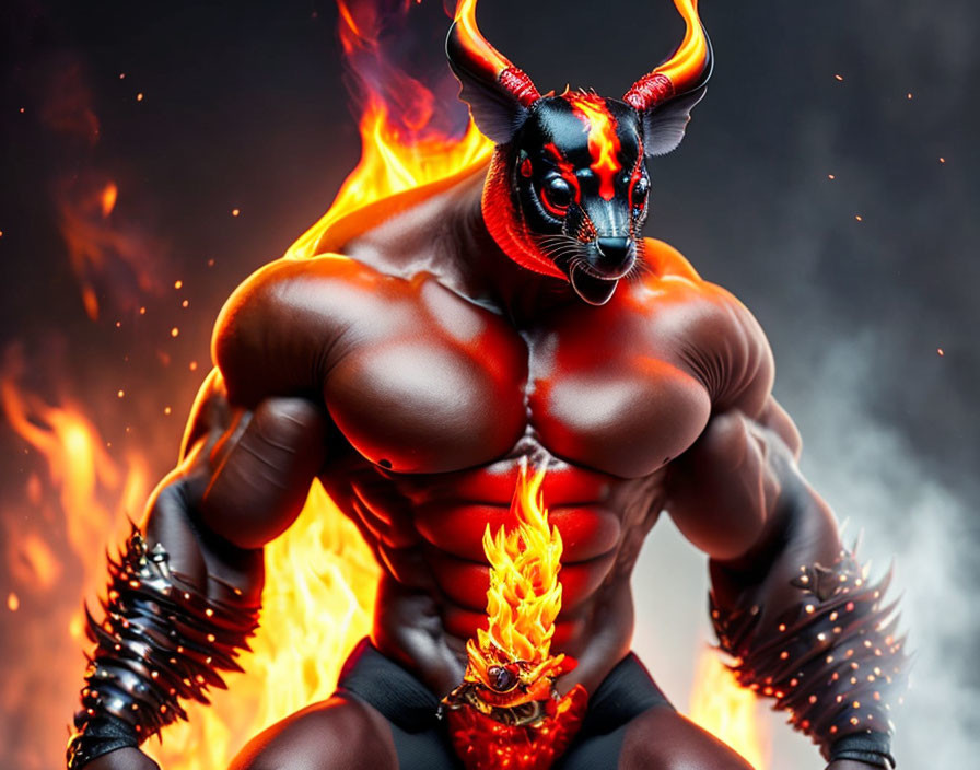 Fiery bull-headed entity holding flaming object on dark background