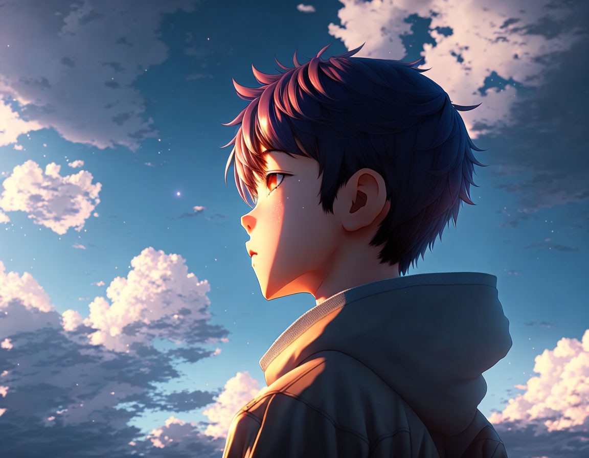 Blue-haired animated boy looking at twilight sky with clouds