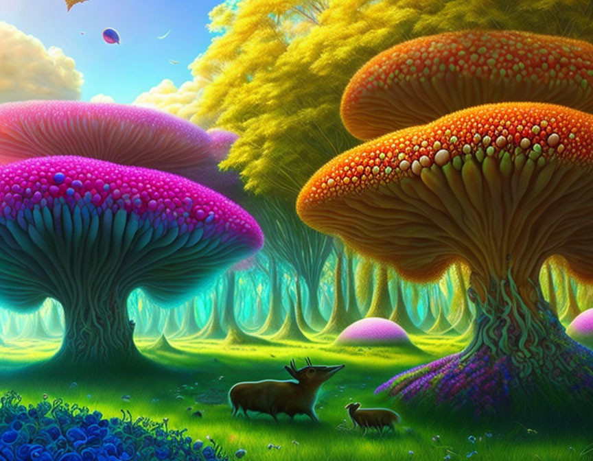 Colorful Fantasy Landscape with Oversized Mushrooms and Deer-Like Creatures