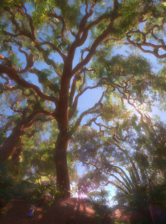 Majestic tree with thick trunk and sprawling branches in sunlight