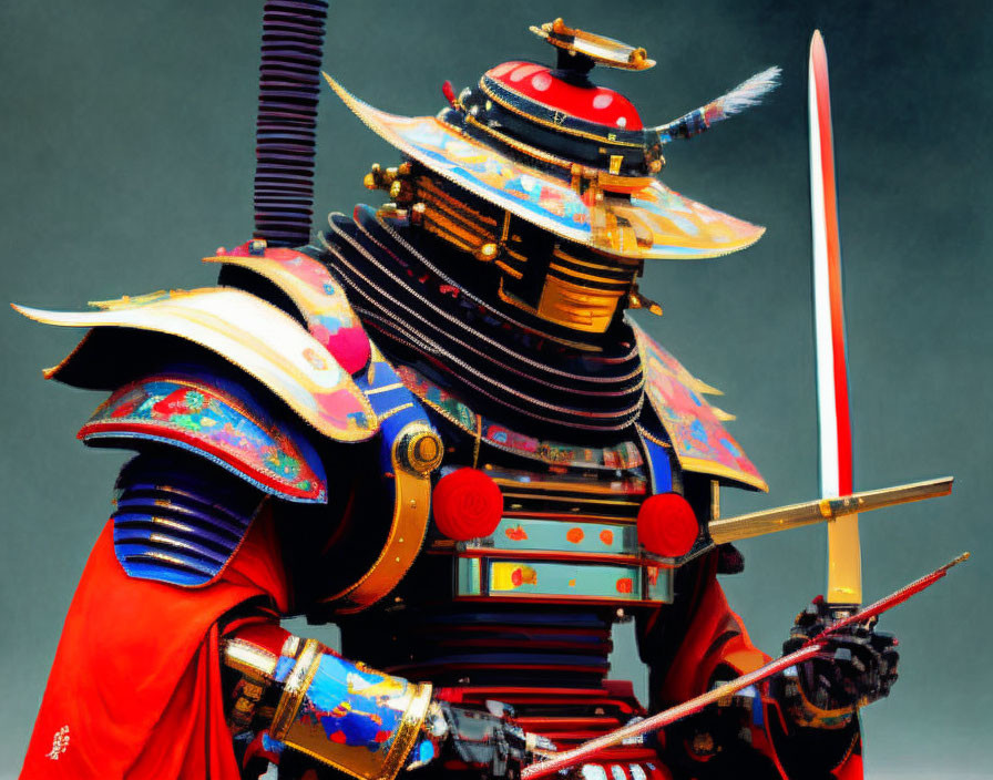 Colorful traditional Japanese samurai armor with helmet and katana.