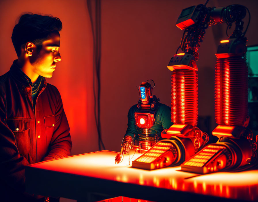 Man and robot under dramatic red lighting in tense interaction