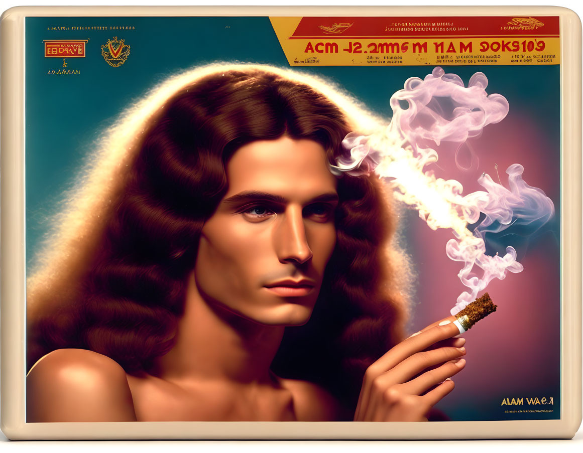 Vintage illustration of person with voluminous hair holding cigar in stylized artwork