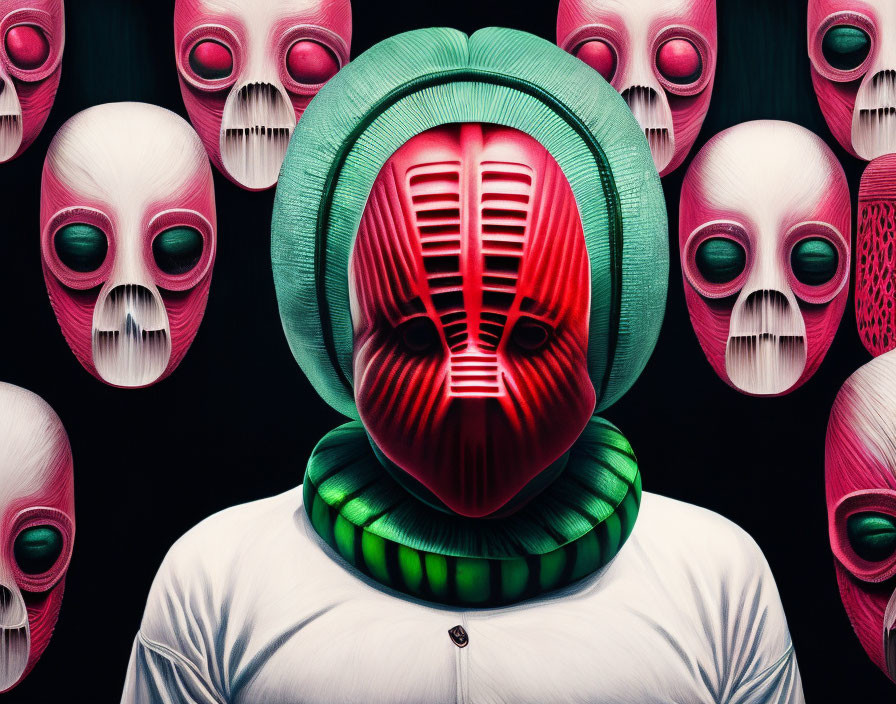 Person in White Shirt with Red and Green Mask Surrounded by Pink Masks on Black Background