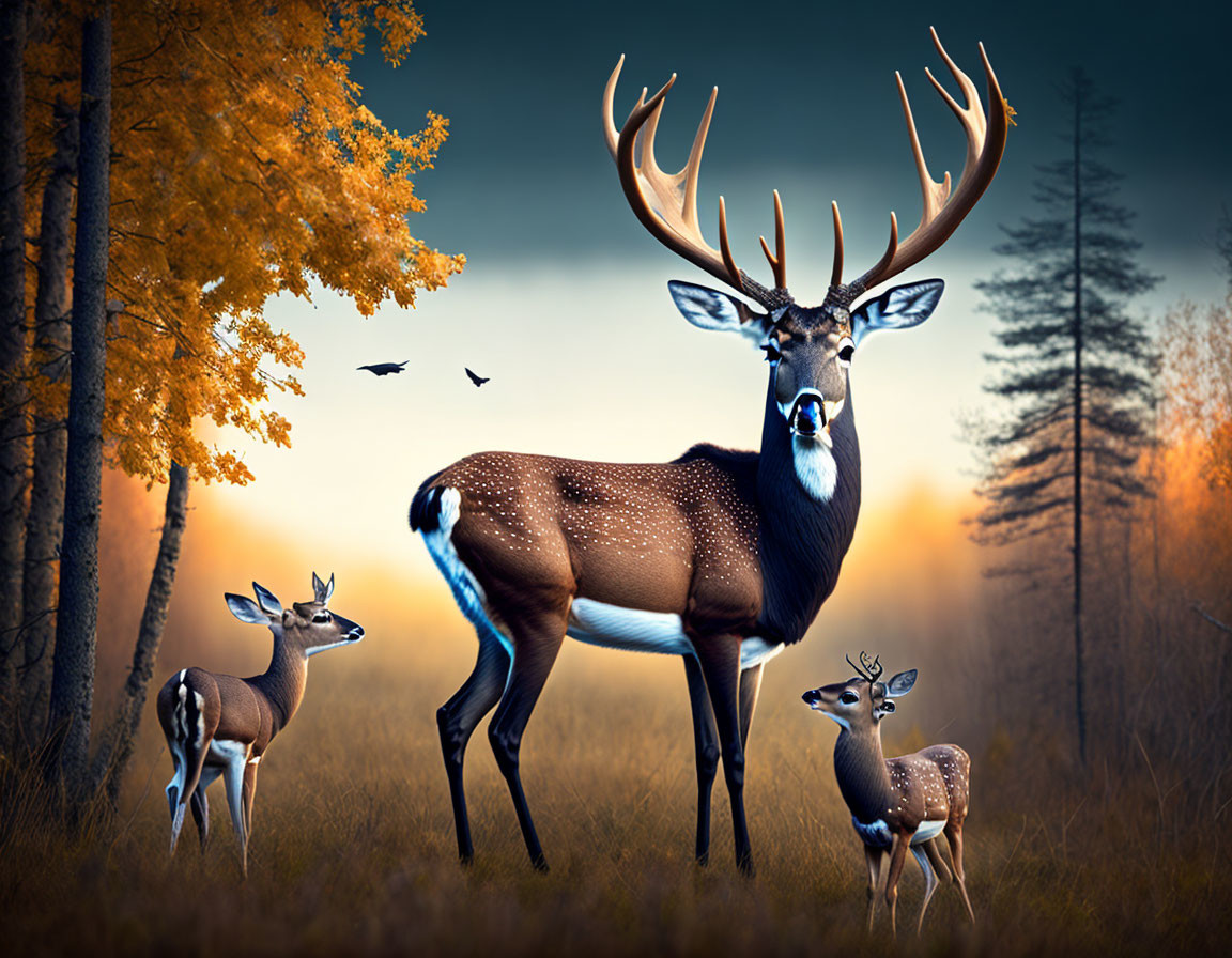 Three deer with prominent antlers in autumn forest with golden leaves.