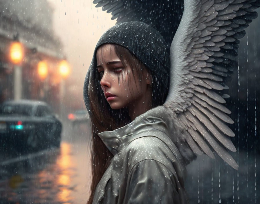 Young woman with angelic wings in rain on city street, looking pensive