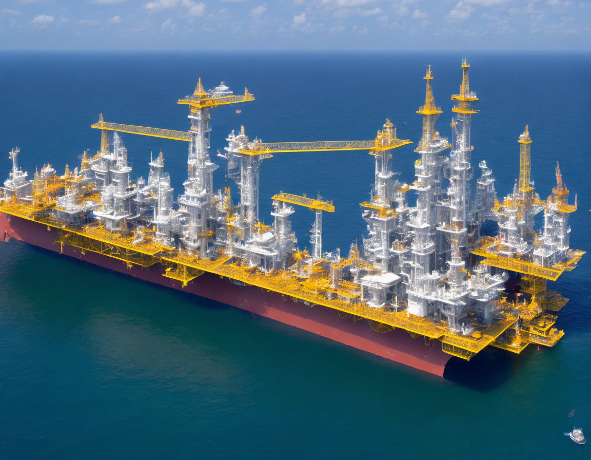 Large Yellow and Red Oil Platform at Sea with Cranes