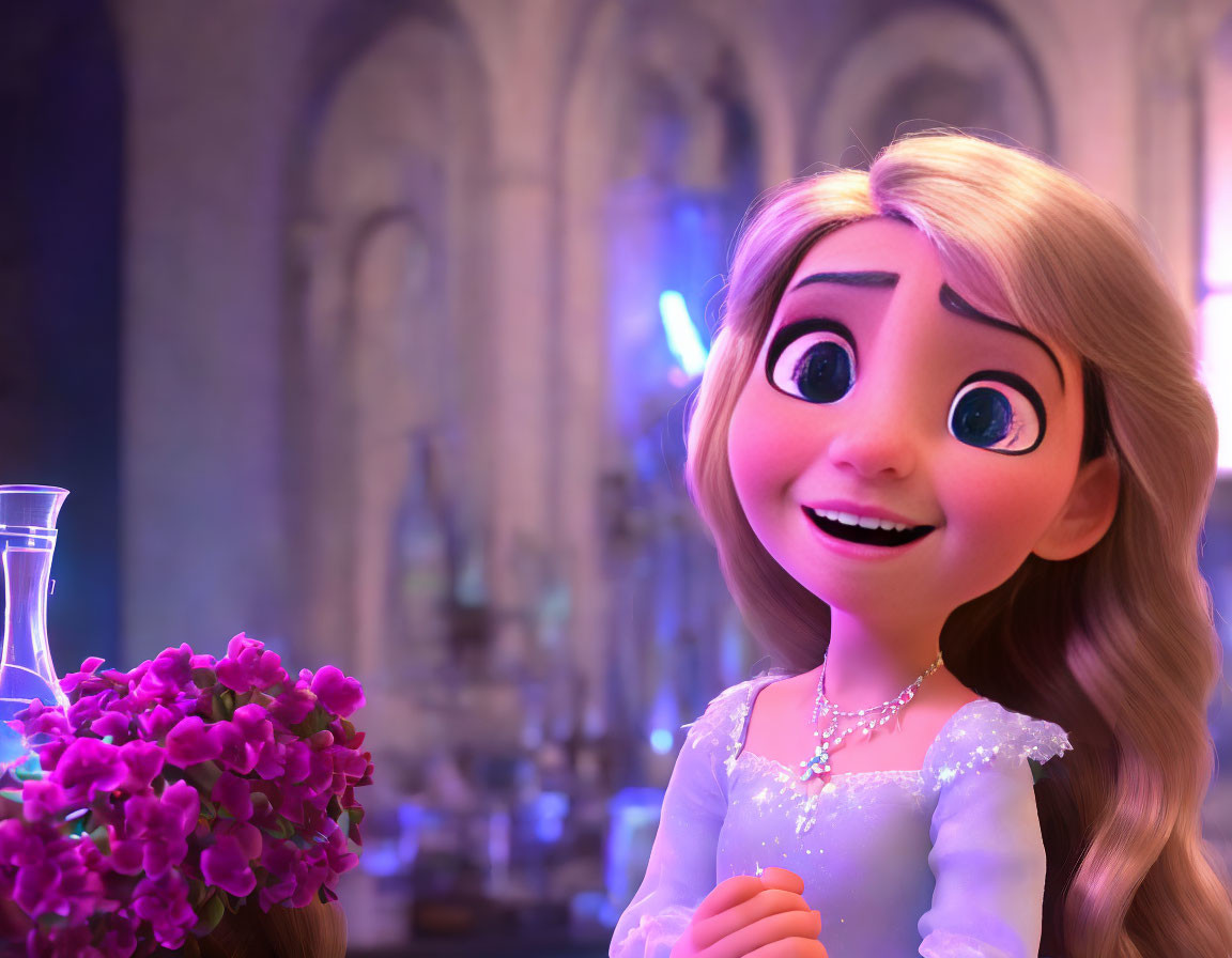 Animated young girl with wide eyes in a gothic room with purple flowers