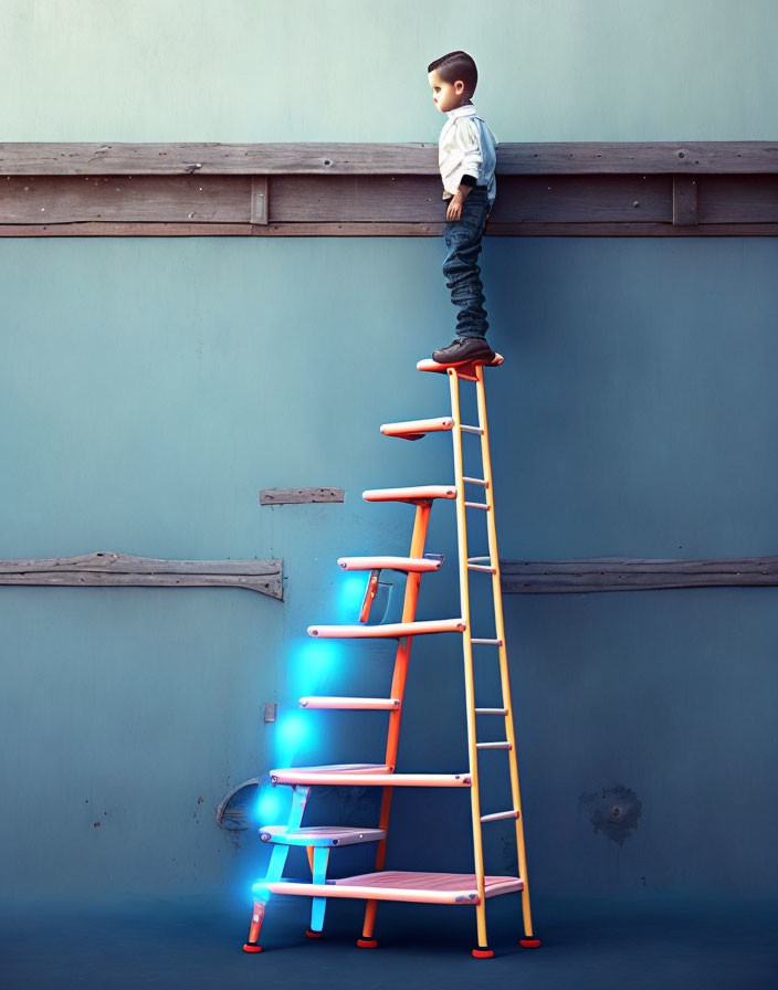 Child on Colorful Ladder Against Blue Wall