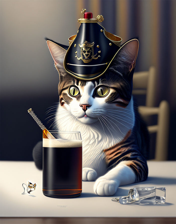 Green-eyed cat in Napoleonic hat next to glass with ship figure and ice cubes