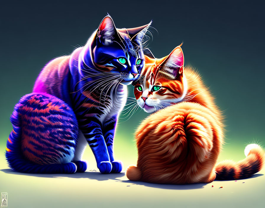 Vividly colored cats with neon stripes on gradient background