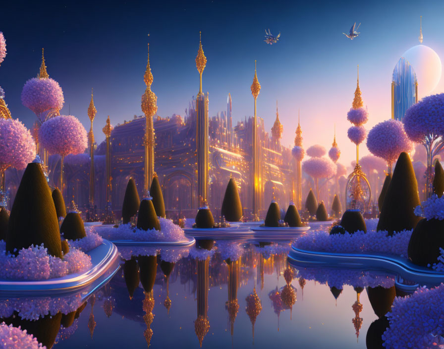 Fantastical landscape with golden structures, purple skies, floating ships, and topiary gardens