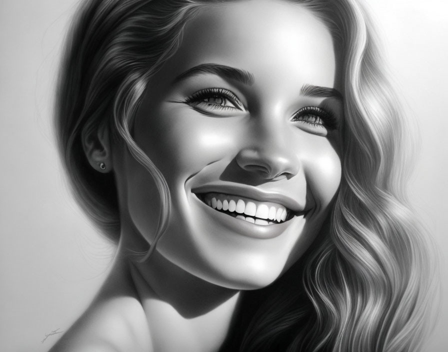 Smiling woman with wavy hair in monochromatic portrait