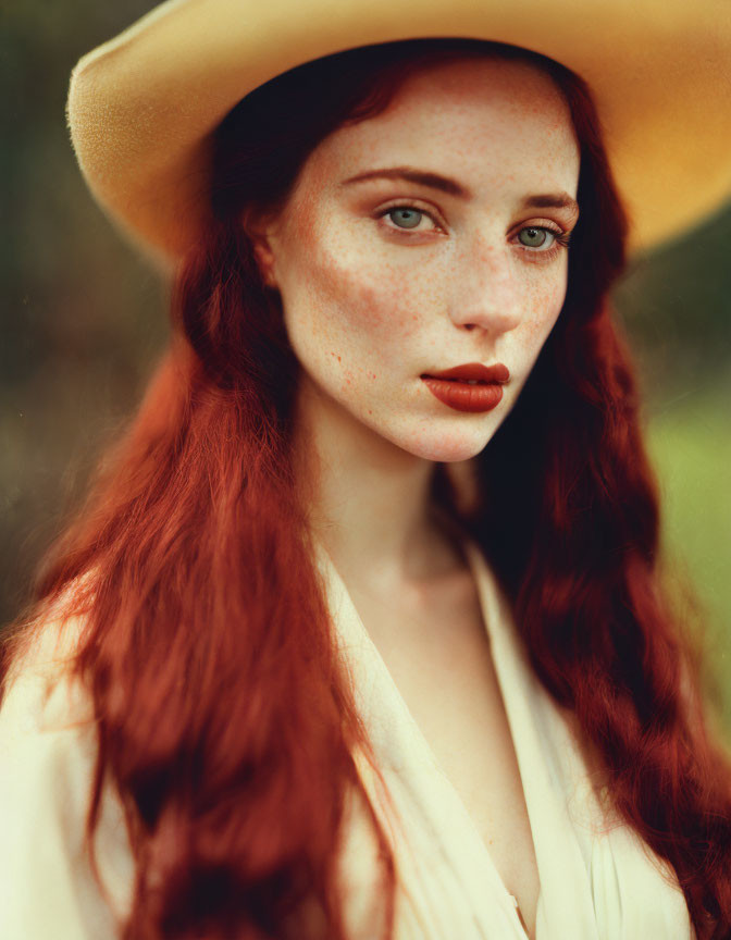 Red-haired woman in cream outfit and wide-brimmed hat with serene expression