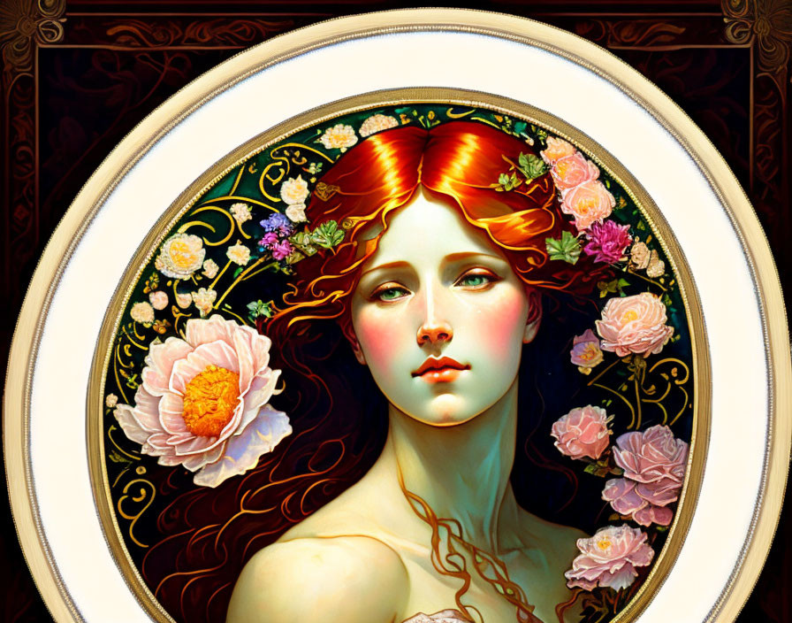 Stylized portrait of woman with fiery red hair and flowers in ornate oval frame