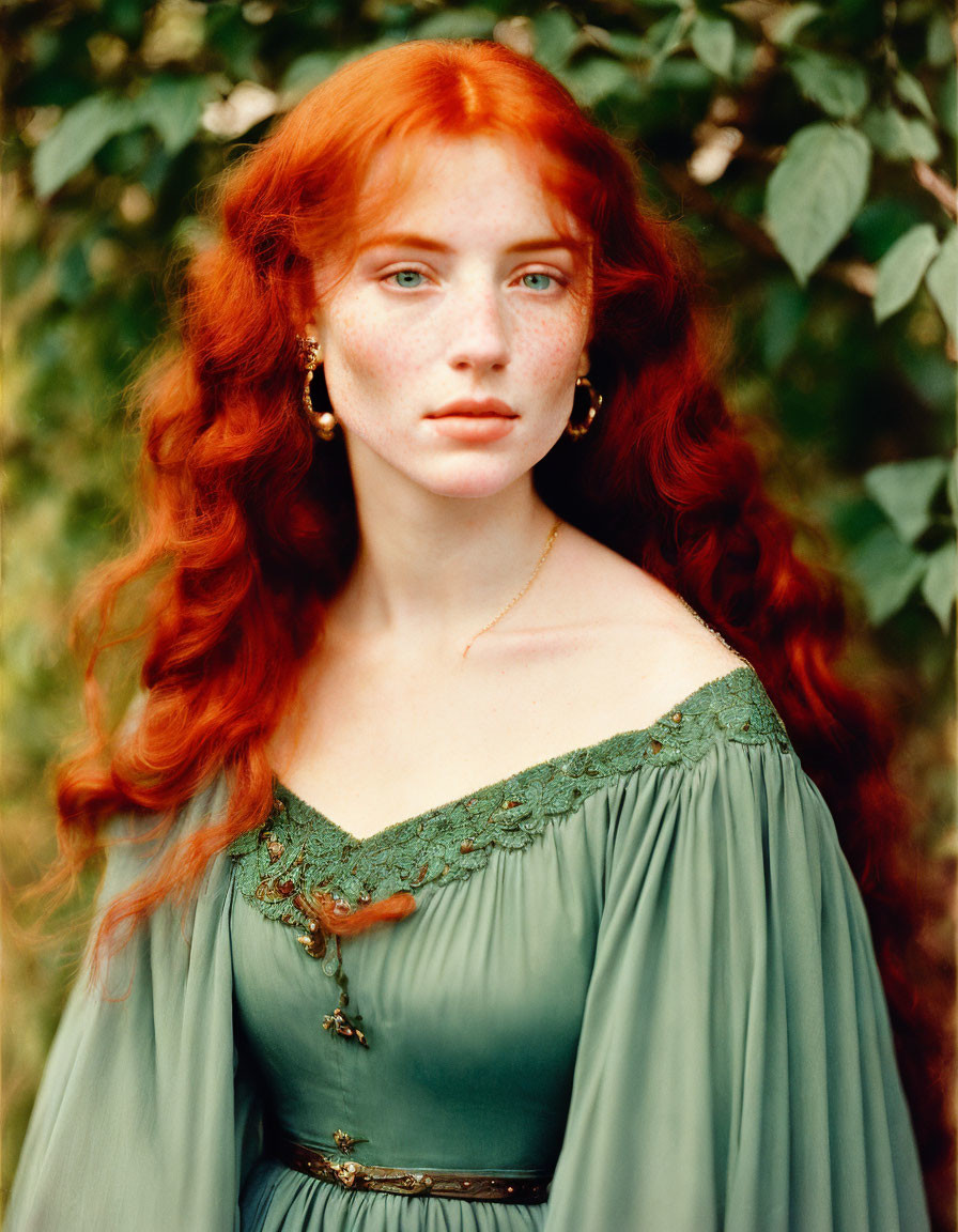 Red-haired woman in green off-shoulder dress among lush foliage