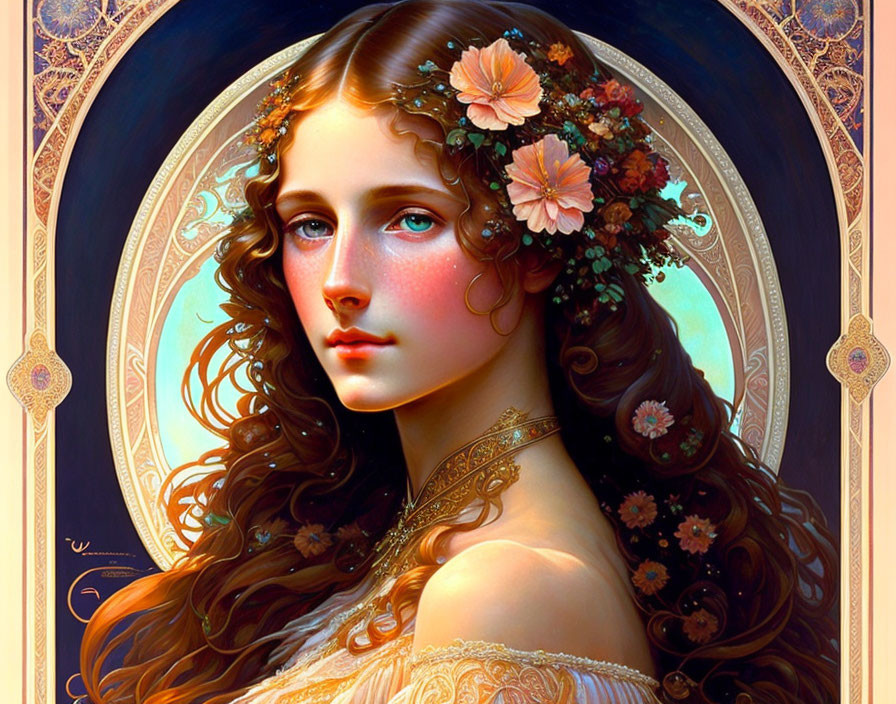 Detailed illustration of woman with long curly hair and flowers, warm colors and ornamental patterns