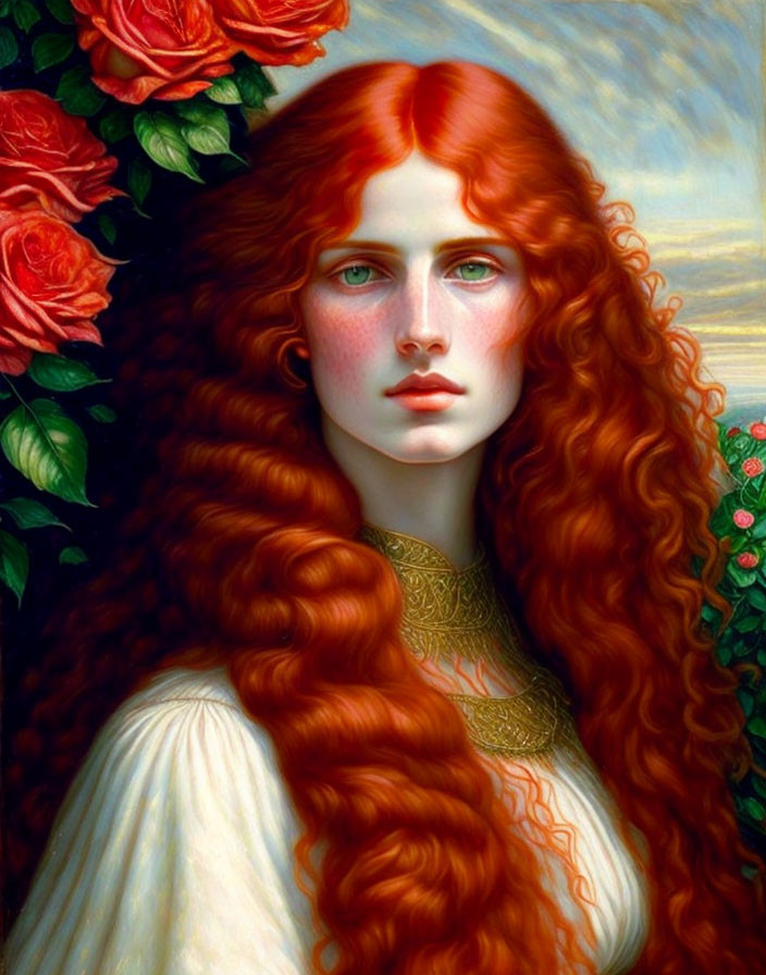 Portrait of Woman with Long Red Hair Among Red Roses