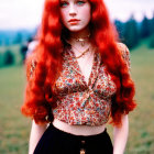 Red-haired woman in patterned blouse standing in grassy field with trees.