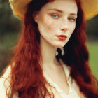 Red-haired woman in cream outfit and wide-brimmed hat with serene expression