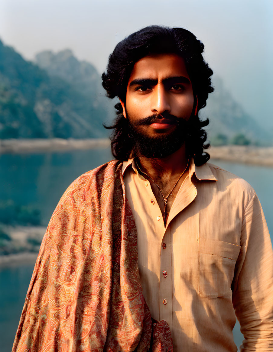 Bearded man in shawl and shirt stands by river and hills