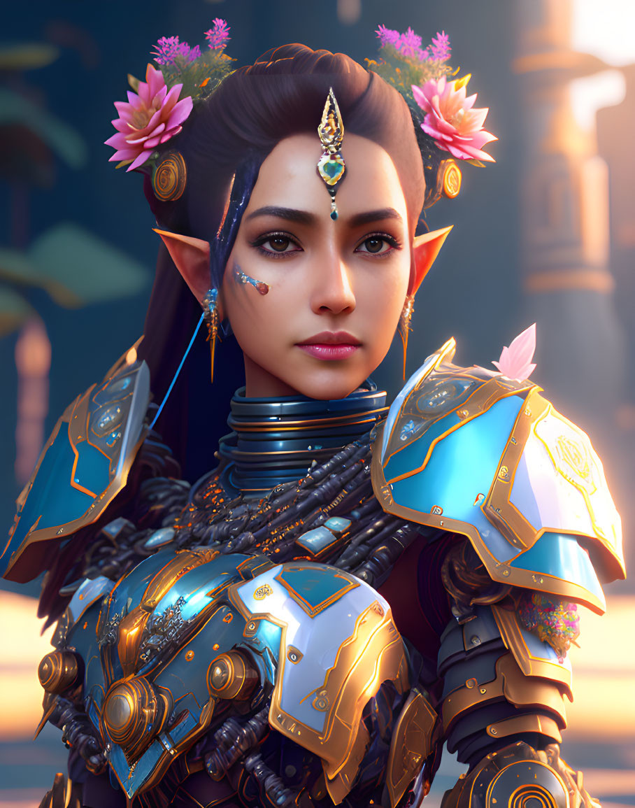 Female fantasy character in golden armor and floral accents portrait.