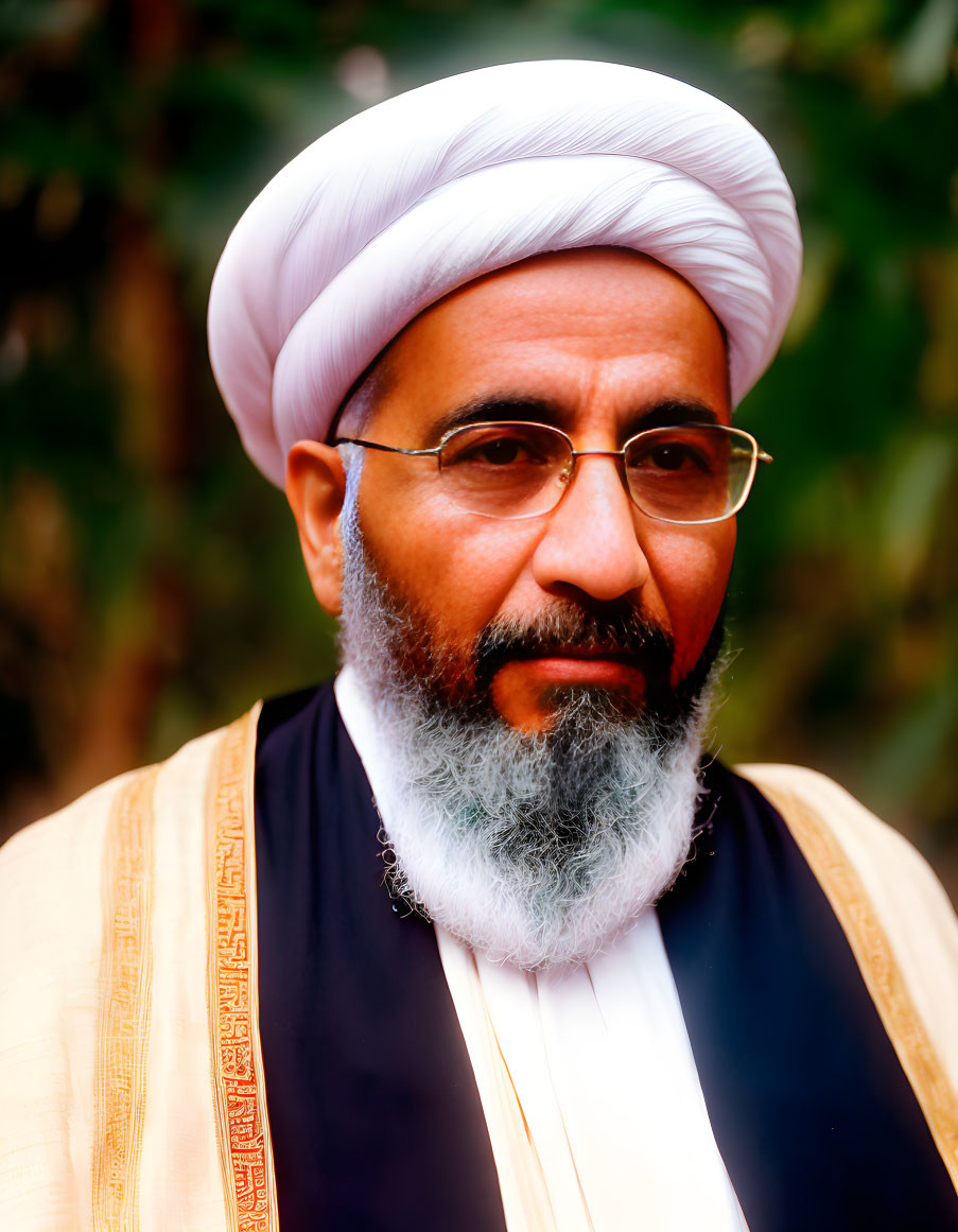 Bearded Man in White Turban and Glasses with Black Robe