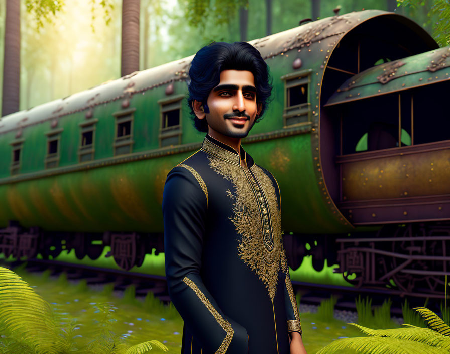 Traditional Indian Attire Man by Old Green Train Carriage