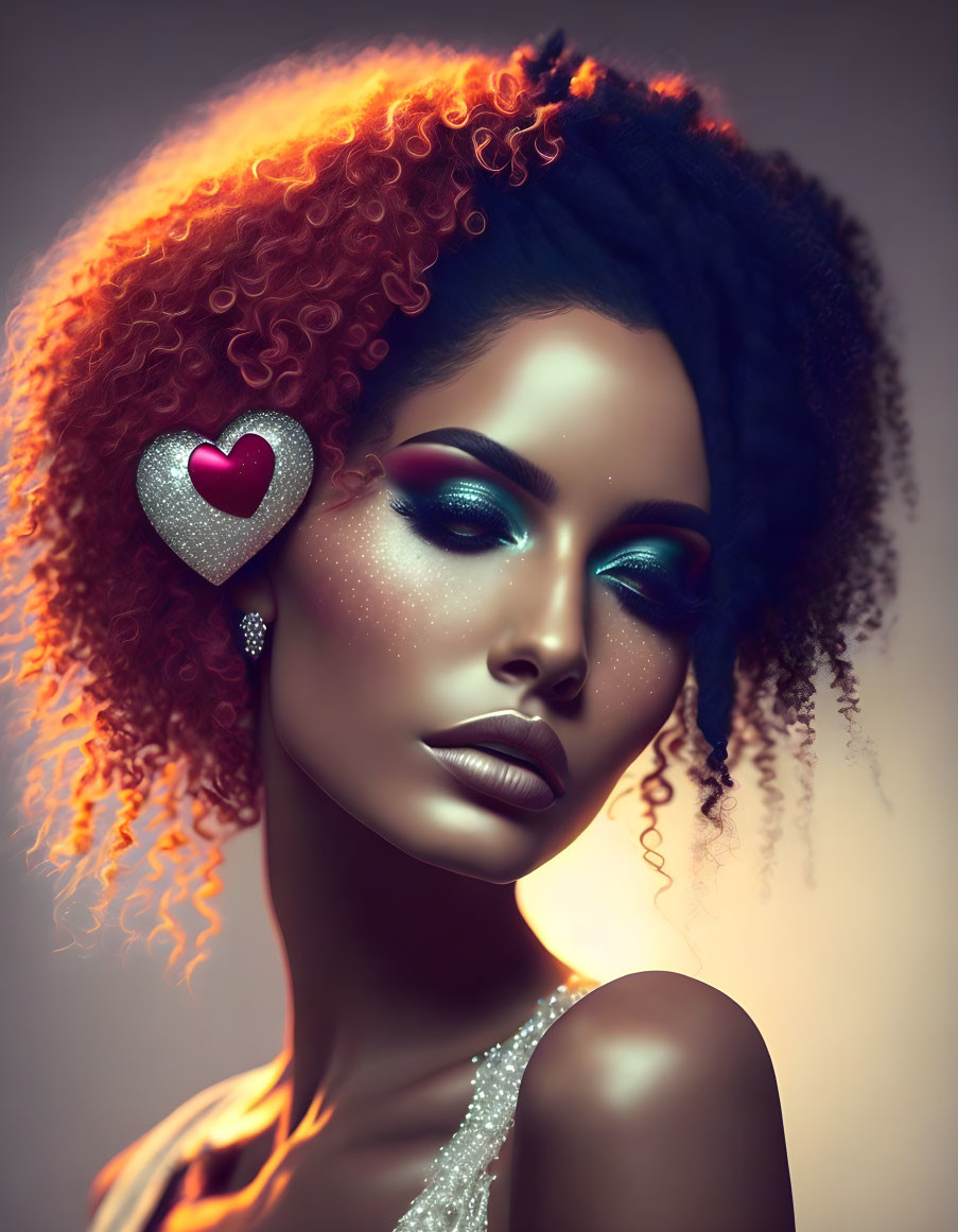 Woman with Afro Hairstyle, Heart-Shaped Earring, Sparkly Makeup, and Sequined Gar