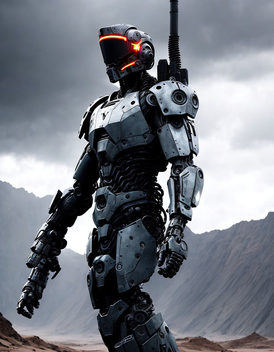 Futuristic robot with red visor against overcast sky and mountains