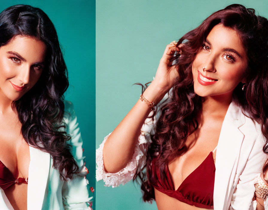 Split image: Woman with long, wavy hair in white blazer and red top posing with hand